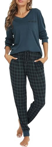 Vlazom Damen Schlafanzug Lang Zweiteiliger Schlafanzug Winter Pyjama Set V-Ausschnitt Langarm Pyjama Set(L,Grün)