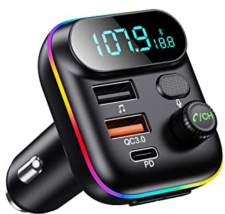 Bluetooth Adapter for Car, Wireless FM Radio Transmitter, Wireless Bluetooth 5.0, MP3 Music Player, QC3.0 + PD 20W USB Car Charger, 7 Colors LED Backlit