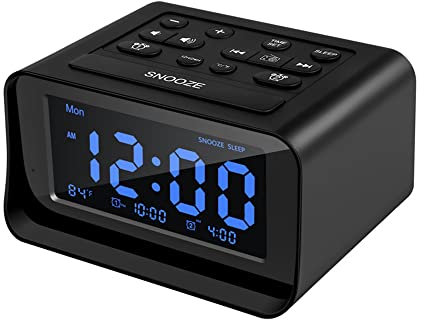 Lancoon Digitale Comodino Radiosveglia Porte di Ricarica USB Doppie LCD Display Della Temperatura Snooze Retroilluminazione Regolabile Suonerie FM Musicali Integrate con Antenna Esterna(Nero)