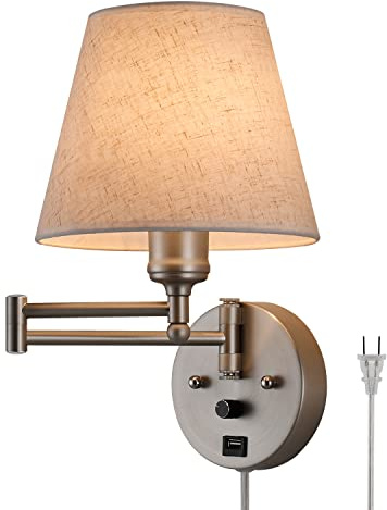 PULLCU Swing Arm Wall Lamp Wall Mount Lamp with Cord Plug in Wall Sconce Lighting with Dimmable On Off Switch Wall Light with USB Port Plug in Wall Lamp for Bedroom Reading Satin Nickel Finish