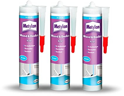Metylan Wand & Decke Acryl, dehnfähige Acrylat-Dichtmasse für gering belastete Anschlussfugen im Innenbereich, versiegelt Risse in Putz, Mauerwerk, Fassaden, 3x300ml, weiß