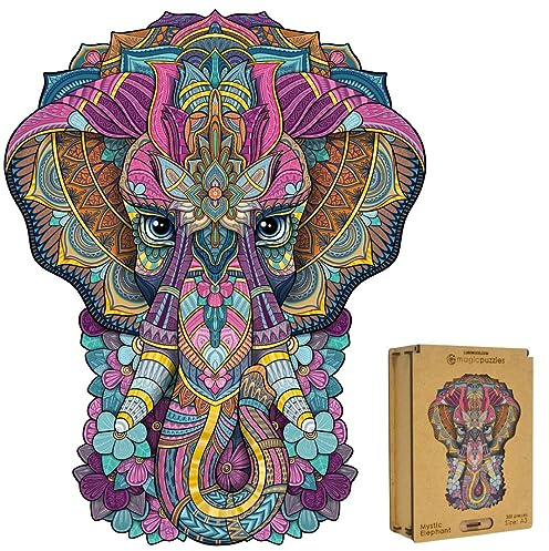 Lubiwood Mystic Elephant Deluxe Unique Animal Shape Wooden Puzzle (29 x 21 cm), Promotes Improved Concentration, Cognitive Skills and Mindfulness, Comes with Wooden Gift Box - Ideal for Adults
