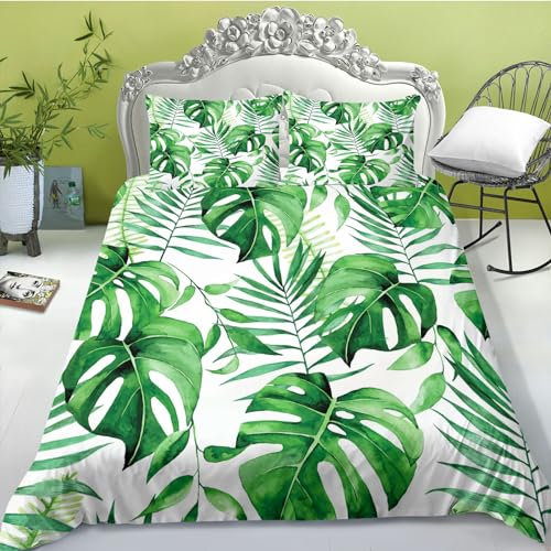 FABTOP Bed Linen Tropical Leaves Green Palm Leaves Pattern Duvet Cover Tropical Palm Leaves and Monstera Bedding Set for Single Bed (8.200 x 200 cm)