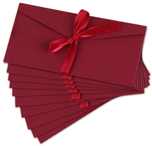 XNIVUIS 10 Stück Schöne Briefumschläge, Kraftpapier Umschläge mit Schleife, Retro Vintage Kraft Kuvert Briefkuvert Briefhülle für handgefertigte Einladungen, Hochzeits- oder Festival-Karten (Rot)