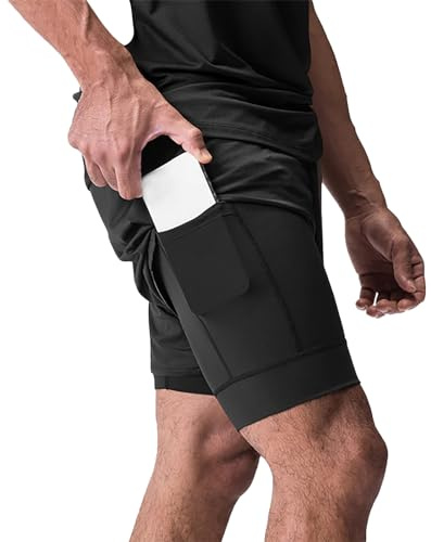 Feelorna Pantalones cortos de correr 2 en 1 para hombre, de verano, transpirables, deportivos, para entrenamiento, con bolsillos y trabilla para toalla, Negro , XXL