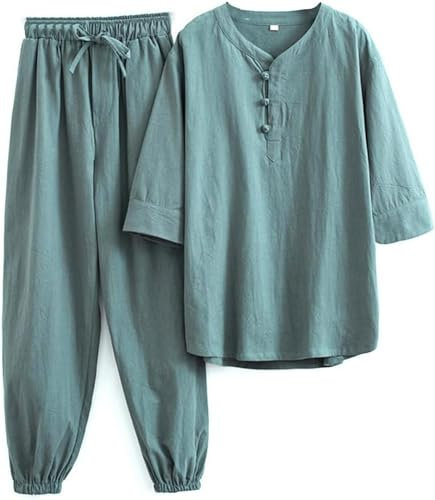 WHESAZYP Tai Chi Anzüge Tai Chi Kleidung Damen Kung Fu Uniform Baumwollleinen Kampfsport Set Kurzarmhose Zen Meditationsuniform Tang-Anzug Traditionelle chinesische Kleidung (Grün XL)