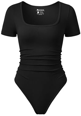 OQQ Women Bodysuits Ruched Short Sleeve Square Neck Stretch Lounge Travel Bodysuits Black
