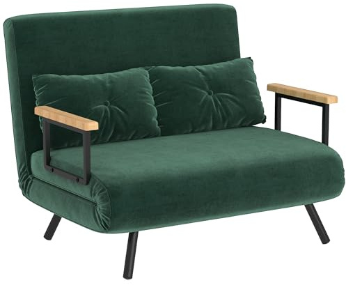 HOMCOM Sofá Cama de 2 Plazas 4 en 1, Sofá Cama Plegable Tapizado en Terciopelo con Respaldo Ajustable de 5 Niveles y Almohadas Acolchadas, para Oficina, Dormitorio, Salón, 102x73x81 cm, Verde