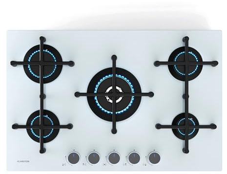Klarstein Illuminosa 5 - Piano Cottura a Gas, 5 Bruciatori Sabaf, Wok: 4 kW, Vetro Temperato, Accensione Elettrica, Sicurezza per Interruzione della Fiamma, Compatibile con Gas Naturale & GPL, Bianco
