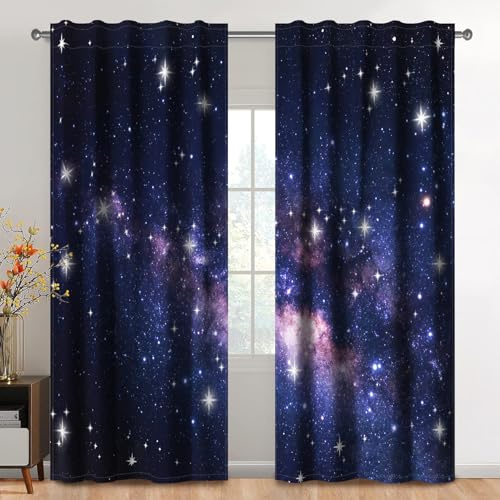 Kzzfqxb 107×160cm Set di 2 pannelli di tende Starry Sky, tende nere e viola con stelle per ragazzi e ragazze, drapes per la camera da letto e il soggiorno