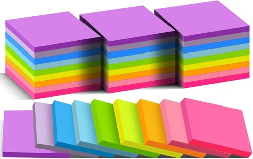 (36 Pads) Sticky Notes 76 mm x 76 mm Post, 9 Bright Colors Self-Stick Note Pads it, Strong Adhesive, Easy to Post for Home, Office, Notebook