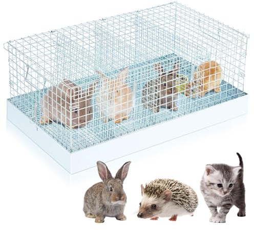 DoubleFill 4 Hole Folding Rabbit Transport Cage, 28 x 16 x 12 in Portable Rabbit Bunny Carrier with Tray and Handles for Travel Temporary Housing, Indoor Outdoor Pet Habitat Animal Enclosure