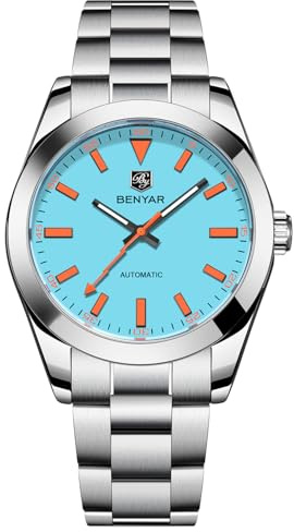 BENYAR Orologio meccanico automatico da uomo, modello 5218, quadrante in cristallo zaffiro, acciaio inossidabile, impermeabile 100 m, a carica automatica, orologio da polso da lavoro, Blu BY5218
