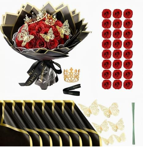 KHDULQ Ramos de Rosas Artificiales 24 Piezas Ramo de Rosas con Purpurina con Papel de Regalo y Corona Ramo Artificial Regalos para el Día de San Valentín Bodas (Rojo)