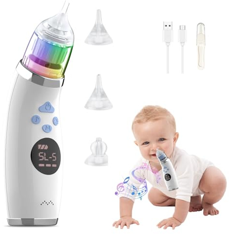Bwaliffury Aspiratore Nasale Elettrico, Aspiratore Nasale Neonato, Aspiratore Nasale Elettrico per Bambini, 5 Livelli Di Aspirazione & 3 Punte In Silicone Senza BPA, Luci Colorate & Musica
