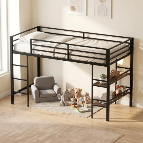 COSTWAY Kids Loft Bed, Metal Single Size Low Loft Bed (Black+Rustic Brown) | 3FT Children's Bed Frame with Under-Bed Space, Shelves, Safety Guardrails & Ladder