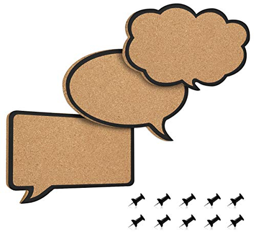 Navaris 3X Kork Pinnwand Korkwand Set - Pinboard Korkplatte Tafel - Pinwand versch. Sprechblase Wolke Designs - Korktafel Memo Wand inkl. 10 Pins