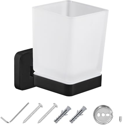 JASSFERRY Wall Mounted Toothbrush Tumbler Holder Single Frosted Glass Tumbler Toothpaste Organizer Storage Square Cup Black