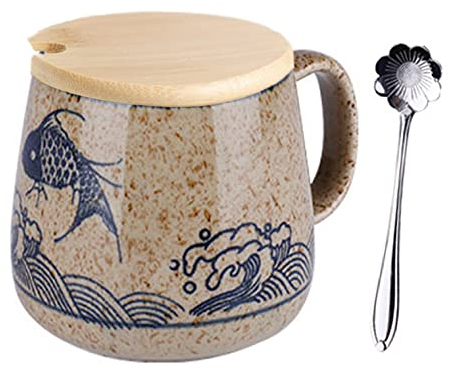 Taza de café con tapa,Taza Taza de leche de cerámica con tapa,Cappuccino Tazas de gres 400ml,Taza japonesa Taza de agua pintada a mano bajo glaseado Gran capacidad Taza de desayuno