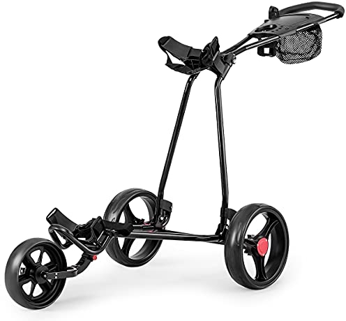 GYMAX Golftrolley faltbar, Golfwagen 3 Rad mit Scorekartenhalter, Getränkehalter & Regenschirmhalter, Golf Push Cart mit verstellbarem Griff aus Eisen, Schwarz