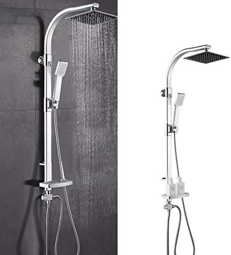 MINGYI Colonna doccia idromassaggio, con doccetta, testa doccia quadrata 20 cm e porta sapone, senza miscelatore, connettore DIN standard 1/2 (argento)