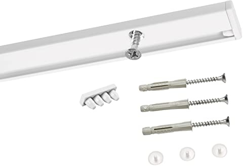 Deco-Raum Gardinenschiene auf Maß Aluminium 1-läufig vorgebohrt Vorhangschiene Deckenbefestigung für Schiebevorhang Vorhang Gardinen mit Befestigungsmaterial weiss 380 cm geteilt Minimal
