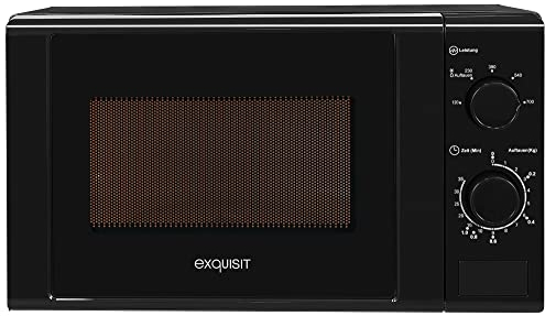Exquisit® Microondas, 20L, 700W, 5 Niveles de Potencia, Color Negro, Acabado Interior Pintado Inicio rápido, Descongelación, Plato 25,5Cm, Apertura Pulsador, Medidas 25,8x43,9x32,3 Cm.
