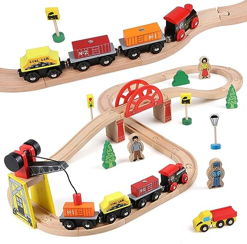 KABENFIS Hölzerne 39 Pcs Zug Tracks Spielzeug mit Kranbrücke und hölzerne Tracks Spielzeug für Kinder