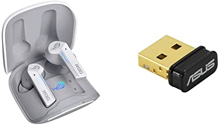 ASUS ROG Cetra True Wireless Moonlight White In-Ear Gaming Kopfhörer, 27 Stunden Akkulaufzeit, kabelloses Laden, Touch-Steuerung, wasserdicht, weiß & USB-BT500 Bluetooth 5.0 USB Adapter