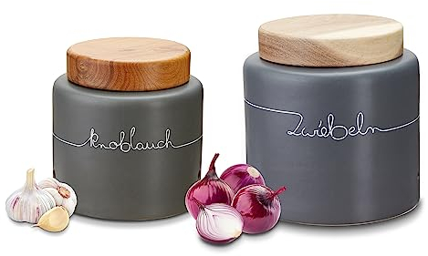 KHG Zwiebel Knoblauch Aufbewahrung, Keramik Steingut poliert, Anthrazit Grau Holz Deckel Bambus, mit Zierschrift, Kapazität 3 L & 1,5 Liter, Zwiebeltopf & Knoblauchtopf 2-teilig, Lüftungslöcher