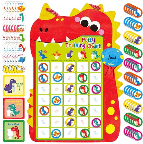 Tableau d'Entraînement au Pot Magnétique, Tableau de Récompenses pour l'Entraînement au Pot avec 50 Imanes de Dinosaures Réutilisables, 45 Autocollants et Un Sac de Rangement (36cm x 25cm)