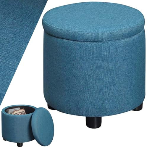 BAKAJI Pouf Contenitore Poggiapiedi Rotondo con Scomparto Interno Capiente, Baule Portaoggetti con Seduta Imbottita, Sgabello Struttura in Legno Arredamento per Soggiorno, Cameretta (Blu Lino)