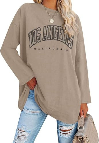 Ebifin Oversize Langarmshirt Damen Longshirt Rundhalsausschnitt Los Angeles Oberteil Langarm T Shirts Pullover Basic Tunika Tee Tops.Khaki.M