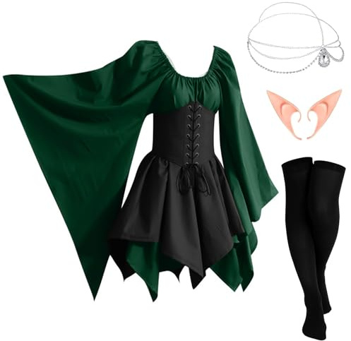 MeYuxg Abito Medievale Donna, Costume Elfo Donna Vestito Gotico Vittoriano, Orecchie da Elfo, Accessorio per Capelli, Calzini Sopra il Ginocchio, Abito Irlandese per Halloween Carnevale - L