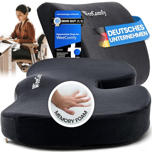WeeComfy® Sitzkissen + Rückenkissen - Orthopädisches Kissen Set - fördert die Grade Haltung und Durchblutung bei längerem sitzen - bis 100kg (Schwarz)