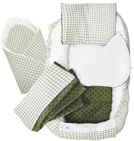 Medi Partners Babynest Nestchen Baby Set für Neugeborene - 100x60x15 Kuschelnest 5 teilig tragbar Nest zweiseitig Babynestchen Bett 100% Baumwolle (Kariert mit olivfarbenem Minky)
