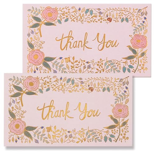 Prims & Flourish Lot de 100 petites cartes de remerciement en vrac, mini cartes de remerciement pour votre commande, motif floral en feuille d'or, 5,1 x 8,9 cm, format carte de visite
