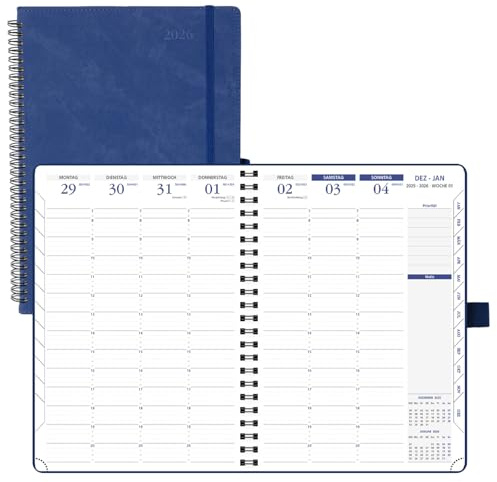 POPRUN Terminplaner 2026 A4 Ringbuch auf Deutsch - Wochenplaner mit 15-Minuten-Taktung & Monatsregister. Kalender 2026 Buchkalender mit PU-Leder Softcover - Dunkelblau