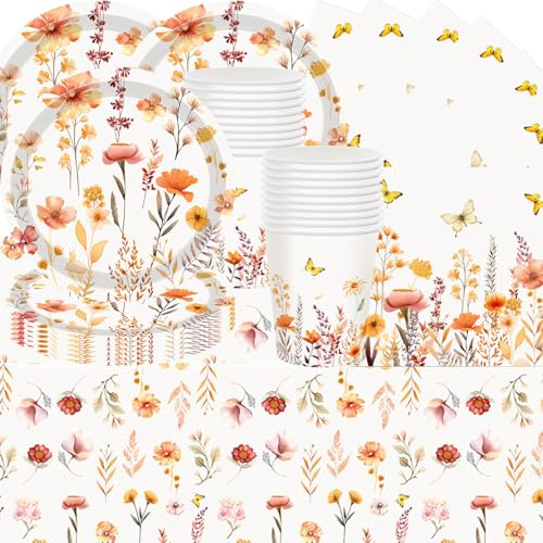 Vajilla de fiesta con motivos florales de otoño salvaje - Juego de platos de cartón, vasos de cartón, servilletas de papel y manteles - Adecuado para fiestas de cumpleaños de 20