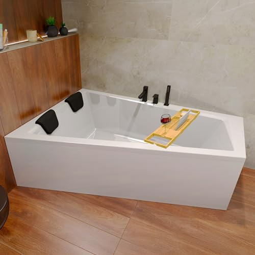 BADLAND Premium Set 6in1 Badewanne Eckwanne Acryl Weiß Wanne INTIMA 160x90 cm Links, Made in EU + AcrylSchürze + Bambus Badewannenablage + Nackenkissen, Moderne Design, mit Ablaufgarnitur und Füßen