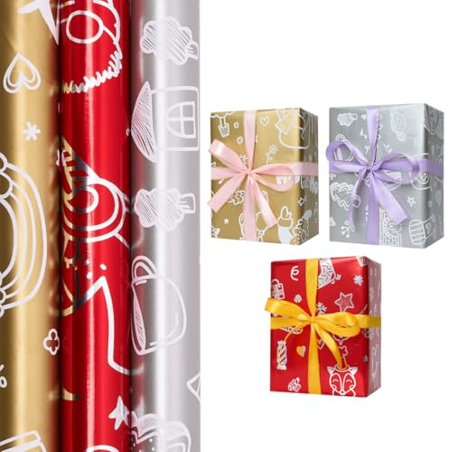 Rouleau de papier cadeau pour Noël, 3 rouleaux 43 cm x 3 m, papier cadeau métallisé pour Noël, anniversaire, festival, décoration de cadeaux