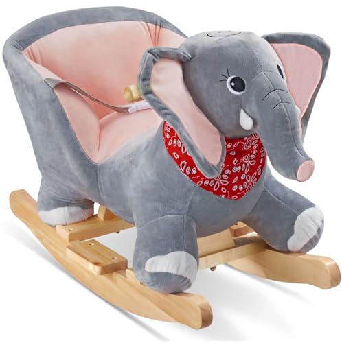 tectake® Balancin Bebe Elefante con Efecto de Sonido, Funda de Felpa Ultrasuave, Juguete Bebe, Juguetes Niño, Juguetes Niños, Animales de Juguete, Balancin Madera