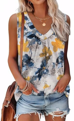 Aokosor Vest Tops for Women UK Ladies Summer Tops V Neck Sleeveless Tank Tops for Women UK Pleated Loose Fit