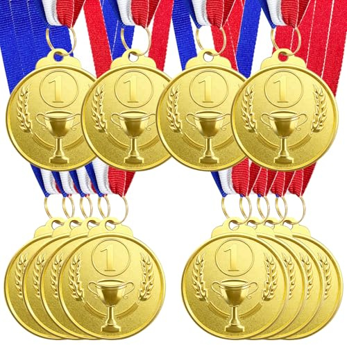Klerbesh 12 Pezzi Medaglie per Bambini in Metallo, Medaglie d'oro per Vincitori con Nastro, Eventi Sportivi, Premiazione, Regalini Fine Festa (12 Oro)