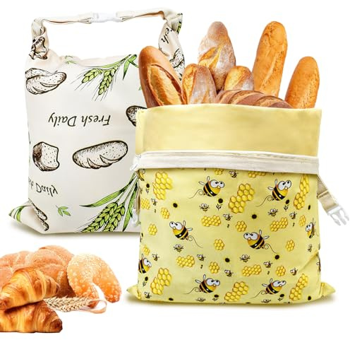 Cyiecw 2 Bolsas de Pan de Cera de Abejas Reutilizables 32 x 42 cm, Bolsa de Pan de Algodón con Cremallera y Mosquetón, Bolsa Pan Portátil para Conservar el Pan y Los Productos de Panadería Frescos