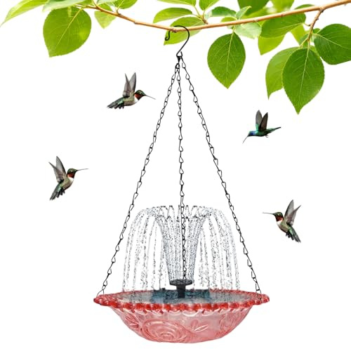 Fontana solare da appendere a cascata per uccelli | Vasca per uccelli da appendere all'aperto con fontana solare | ABS, fontana d'acqua a colibrì con pompa solare e ciotola, per giardino, patio