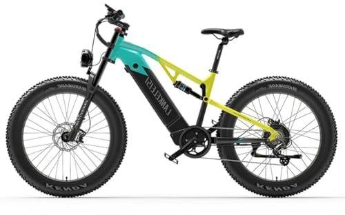 LANKELEISI RV800 Plus Motore ad alte prestazioni da 250 W, Fat Bike da 26 pollici, E-Mountain Bike full suspension da 250 Wh, Batteria E-MTB 48 V 20 Ah(Verde e giallo)