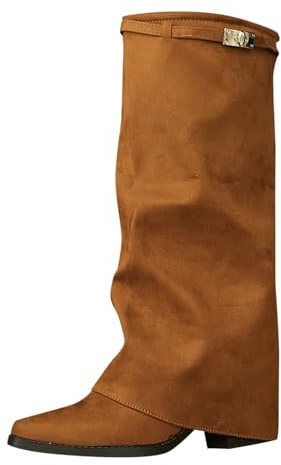 Meaunzyl Bottines pour femme hautes au genou avec talon, tendance, bottes de neige élégantes doublées en fourrure chaudes, bottes avec guêtre, revers chauds, noires, bottes cowboy