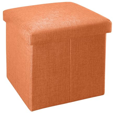 INTIRILIFE Faltbarer Sitzhocker 38x38x38 cm in MANDARINEN ORANGE - Sitzwürfel mit Stauraum und Deckel aus Stoff in Leinen Optik - Sitzcube Fußablage Aufbewahrungsbox Truhe Sitzbank