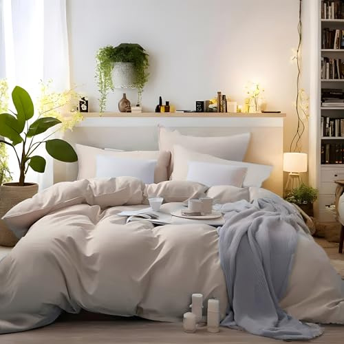 MOHAP Bedding Double Duvet Cover Set 3 PCS Plain Brushed Microfiber Bedding 1 Duvet Cover with 2 Zippers and 2 Pillowcases Cream/Beige